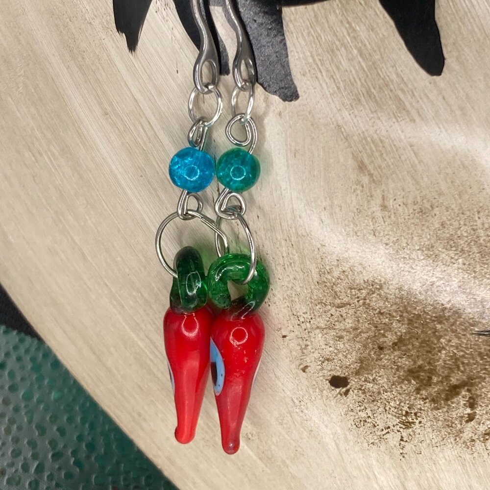 Hot B*tches Chili Pepper Earrings Blue/Green Crackle Beads